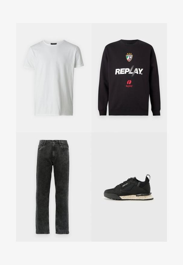 Čierna mikina s logom "REPLAY" a erbom Replay FC s tromi hviezdami a farbami talianskej vlajky na prednej časti v strede.; Biely krátky rukáv s okrúhlym výstrihom, vyrobený z bavlny s hladkou textúrou. Obsahuje štítok na golieri. Jednoduchý, hladký dizajn.; Čierne riflové nohavice so strihom rovného nohavice, ktoré majú päť vreciek, zapínanie na gombík a jemné vyblednutie na látke.; Replay FIELD MELT 25 - Tenisky - black