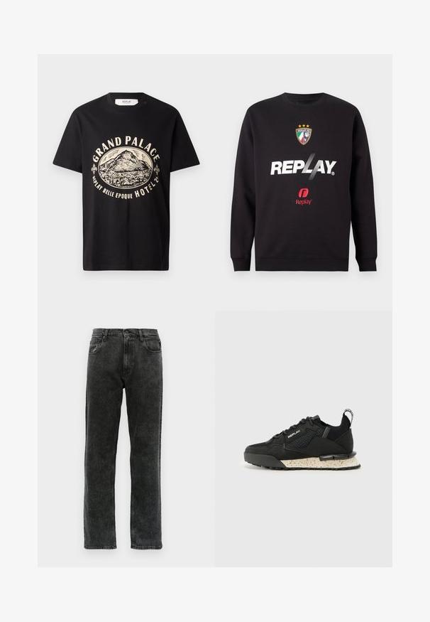 Melns džemperis ar "REPLAY" logo un Replay FC ģērboni, kas uz frontālā centra rotāts ar trim zvaigznēm un Itālijas karoga krāsām.; Melnā kokvilnas T-kreklā ir beigu krāsas grafiskais prints ar kalnu attēlu un tekstu "Grand Palace Replay Belle Epoque Hotel". Vienkāršs apkakles dizains.; Melnas denim bikses ar taisnu kāju griezumu, piecas kabatas, pogu aizdari un maigu izbalēšanu pa audumu.; Replay FIELD MELT 25 - Sporta apavi - black