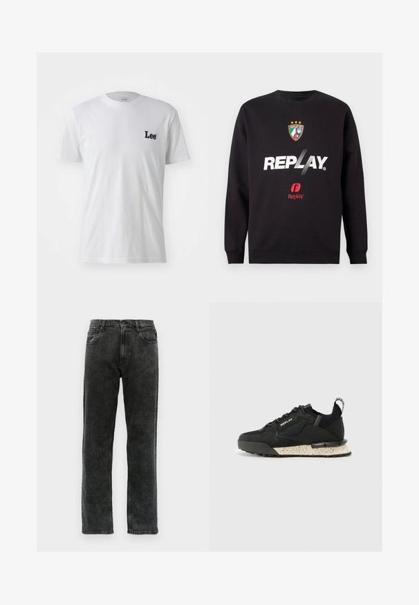Melns džemperis ar "REPLAY" logo un Replay FC ģērboni, kas uz frontālā centra rotāts ar trim zvaigznēm un Itālijas karoga krāsām.; Balts kokvilnas T-krekls ar apaļu kakla izgriezumu, ar mazu melnu logo kreisajā krūtīs. Īsas piedurknes, gluda tekstūra, standarta piegriezums.; Melnas denim bikses ar taisnu kāju griezumu, piecas kabatas, pogu aizdari un maigu izbalēšanu pa audumu.; Replay FIELD MELT 25 - Sporta apavi - black