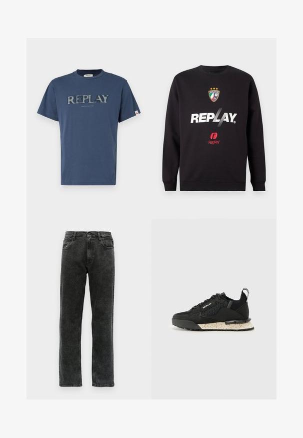 Černá mikina s logem "REPLAY" a znakem Replay FC, který obsahuje tři hvězdy a barvy italské vlajky na přední části uprostřed.; Námořnická modrá bavlněná tričko s kulatým výstřihem, na přední straně s opotřebovaným logem "REPLAY" a textem "NINETEEN EIGHTY-ONE".; Černé džíny z denimu se střihem rovného nohavice, s pěti kapsami, zapínáním na knoflík a jemným vyblednutím po celé látce.; Replay FIELD MELT 25 - Tenisky - black