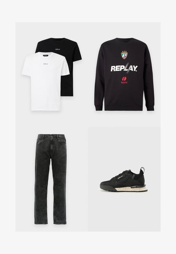 Svart hettegenser med "REPLAY"-logo og Replay FC-våpen med tre stjerner og italienske flaggfarger i midten foran.; To bomull T-skjorter, en hvit og en svart, begge med korte ermer og rund hals. Begge har "REPLAY" logoen i sentrum.; Svarte denimjeans med rett ben, med fem lommer, knappelukking og subtile falminger langs stoffet.; Replay FIELD MELT 25 - Joggesko - black