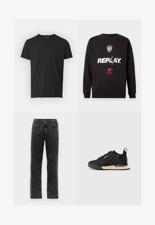 Fekete pulóver "REPLAY" logóval és a Replay FC címerével, három csillaggal és olasz zászló színekkel az elülső középen.; Fekete pamut póló rövid ujjakkal és kerek nyakkivágással. Sima textúra, minimalista dizájn, és egy címke a nyakkivágás hátsó részén.; Fekete farmernadrág egyenes szárvágással, öt zsebbel, gombos záródással és enyhe elhalványulással az anyagon.; Replay FIELD MELT 25 - Sportcipő - black