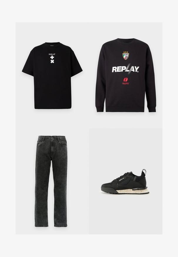 Svart hettegenser med "REPLAY"-logo og Replay FC-våpen med tre stjerner og italienske flaggfarger i midten foran.; Svart t-skjorte med korte ermer laget av bomull, med rund hals og hvit trykt tekst og symboler på forsiden. Enkel design, ingen mønstre.; Svarte denimjeans med rett ben, med fem lommer, knappelukking og subtile falminger langs stoffet.; Replay FIELD MELT 25 - Joggesko - black