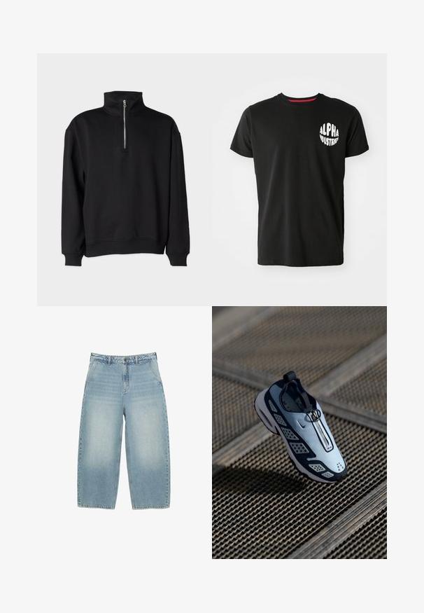 Crni pulover s visokim ovratnikom, s polu-zatvaračem, dugim rukavima i rebrastim manžetama i donjim rubom. Mekana tekstura tkanine.; Crna pamučna majica s okruglim bijelim logotipom "ALPHA INDUSTRIES" na lijevoj strani prsnog područja, kratkim rukavima i okruglim izrezom.; Svijetloplave traper široke hlače s visokim strukom, jednostavnog dizajna, s blagim izbljeđivanjem i ravnim krojem. Imaju prednje kopčanje na dugme i petlje za remen.; Nike tenisice imaju dizajn za lako obuvanje s svijetloplavom gornjom strukturom, crnim akcentima i perforiranim bočnim panelima. Imaju zaobljeni vrh i teksturirani potplat.
