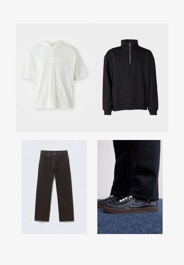 Mustapulli huppari, jossa on korkea kaulus, puolivetoketju, pitkät hihat sekä ribbytyt hihansuut ja helma. Pehmeä kangas.; Valkoinen lyhythihainen paita, jossa on henley-tyylinen kaulus, kolme nappia ja pieni logo vasemmassa rinnassa. Valmistettu puuvillakankaasta.; Mustat farkut, joissa on suora lahje, viisi taskua ja kuparinväriset ompeleet. Sujuva pinta, klassinen nappikiinnitys vyötäröllä.; Nike Sportswear KILLSHOT 2 LTR PRM OPP2 - Matalavartiset tennarit - black sail baroque brown mtlc dk grey