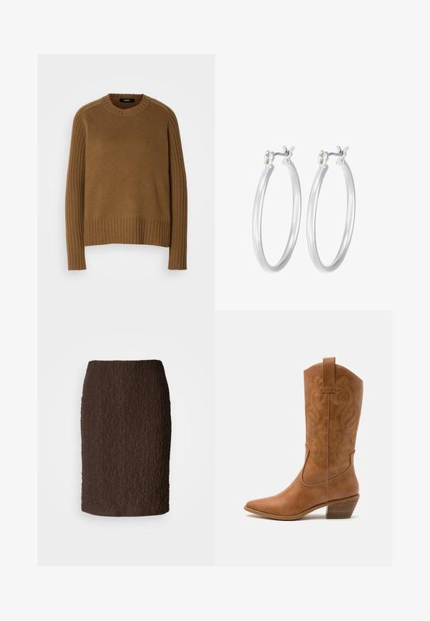 Pull en maille marron avec une texture côtelée, encolure ronde et manches longues. Présente des détails côtelés contrastants le long des épaules.; Jupe marron longueur genou en tissu texturé avec une surface froissée. Présente un design ajusté et ne comporte aucune fermeture ou accent visible.; Bottes de cow-boy en cuir tan avec un bout pointu, des motifs en spirale brodés sur la tige, et un talon bloc empilé. Équipées d'une languette pour un enfilage facile.; Boucles d'oreilles en argent avec une finition lisse et polie. Forme ronde et fermeture à clip sécurisée. Design léger adapté pour un port quotidien.