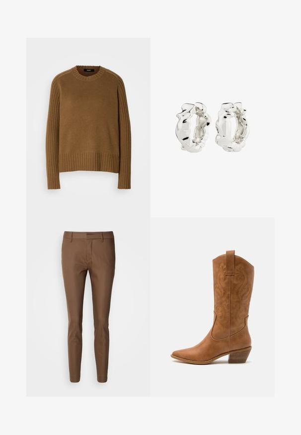 Rjav pleteni pulover z rebrasto teksturo, okroglim izrezom in dolgimi rokavi. Ima kontrastne rebraste detajle ob ramenih.; Mos Mosh NIGHT - Hlače - rain drum; Rjavi usnjeni kauboj čevlji s koničastim nosom, vezenimi vijugastimi vzorci na zgornjem delu in zloženim kvadratnim peto. Imajo zanko za enostavno obuvanje.; Srebrne obročeve uhane z teksturiranim, nepravilnim dizajnom. Površina je odsevna in prikazuje krivulje in konture. Notranji prostor je prazen.