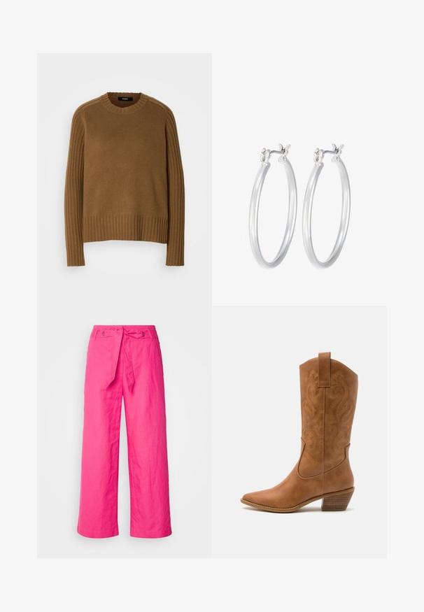 Pruun kootud sviiter, millel on ribatud tekstuur, ümmargune kaelus ja pikad varrukad. Omab kontrastset ribatud detailimist õlgade ääres.; Roosad linaseemne laiad püksid sidumisvööga, millel on tekstuuriga pind ja metallist dekoratsioonid vöö kohal.; Kohvitooni nahast cowboy-kork, millel on terav varvas, tikitud keerised varrel ja virnastatud ploki konts. Omab tõmbeava, et seda oleks lihtne jalga panna.; Hõbedased rõngaskõrvarõngad, millel on sile, läikiv viimistlus. Ümmargune kuju ja turvaline klõpsulatus. Kerge disain, sobib igapäevaseks kandmiseks.