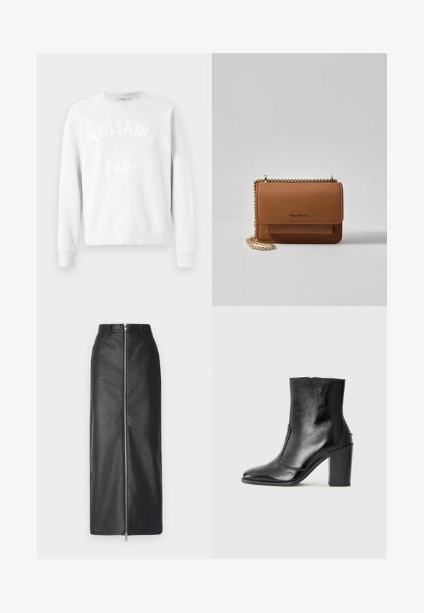 Gaišs pelēks džemperis ar garām piedurknēm, uz kura priekšpuses ir izcelts balts uzraksts "VOLTAIRE", kas arku veidā izvietots virs vārda "PARIS".; Melnas ādas midi svārki ar priekšējo rāvējslēdzēju, divām sānu kabatām un taisnu siluetu. Gluda tekstūra ar niecīgu struktūru.; Melnas ādas potīšu zābaki ar gludu tekstūru, smailu purngalu un masīlu augstu papēdi. Iekļauts sānu atvērums un minimālistisks dizains.; Brūna teksturēta ādas plecu soma ar zelta ķēdes siksnu un atloka aizdari. Priekšpusē ir logotipa detaļa un kabata zem atloka.