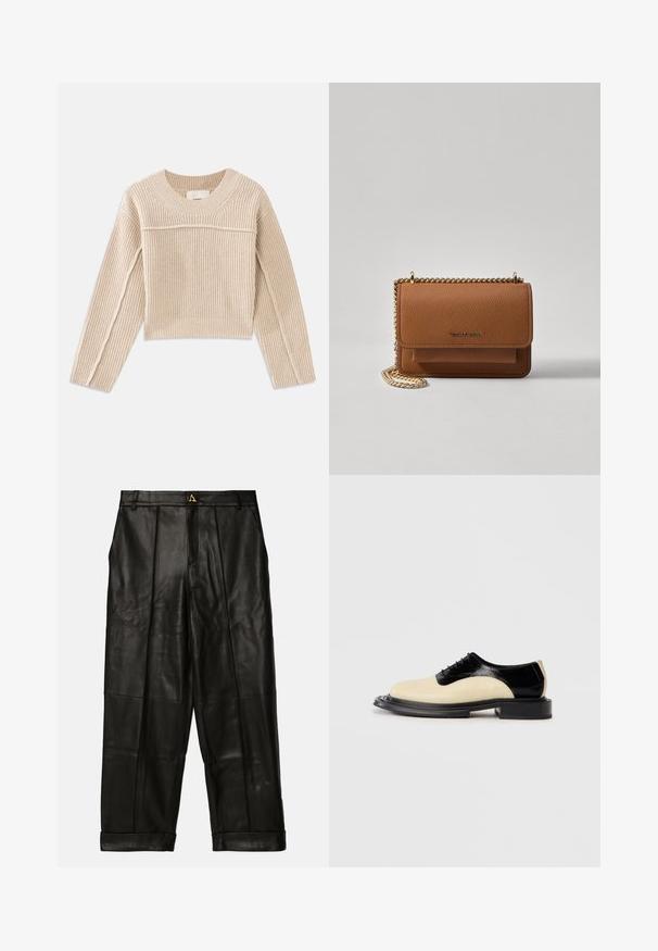 Beige, ribbed knit cropped sweater with long sleeves, a round neckline, and decorative stitching along the sleeve seams.; AERON ZIMA PANTS - Leather trousers - black; Two-tone lace-up shoe with a creamy beige leather front and glossy black leather back, featuring a thick black textured sole.; Brown textured leather crossbody bag with gold chain strap and flap closure. Front features logo detail and a pocket under the flap.
