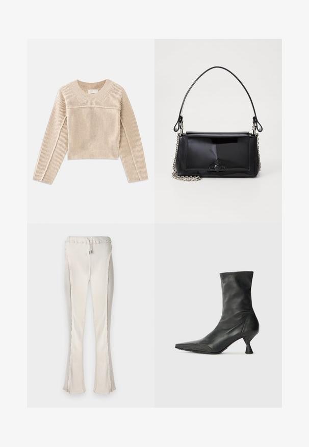Pull court en tricot côtelé beige, à manches longues, avec un col rond et des coutures décoratives le long des manches.; Pantalons évasés beige clair avec une texture côtelée, dotés d'une taille à cordon de serrage et de bords bruts le long des coutures latérales et de l'ourlet.; Botte de cheville en cuir noir avec un bout pointu, un embout texturé et un talon conique fin. Surface lisse avec des détails de couture subtils.; Sac à main en cuir verni noir de forme rectangulaire, avec une chaîne en bandoulière et un accent matériel distinctif au centre. Texture lisse.