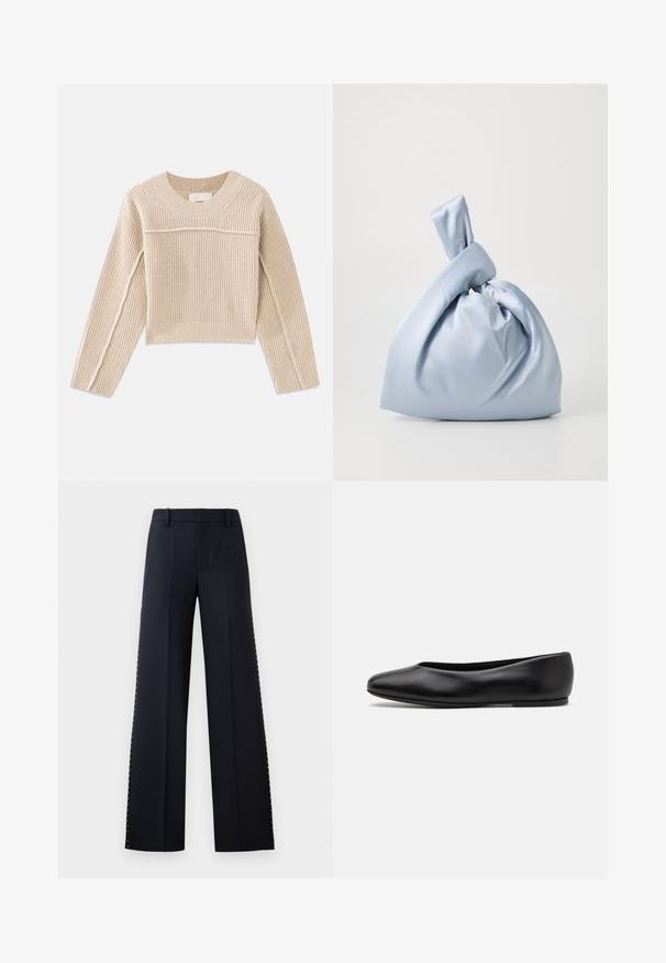 Jersey corto de punto acanalado beige con mangas largas, cuello redondo y costuras decorativas a lo largo de las costuras de las mangas.; Pantalones de pierna ancha en negro. Corte entallado con una textura suave. Presenta una fila de remaches metálicos a lo largo de las costuras laterales como detalle.; Paul Smith TOPANGA - Bailarinas - black; Nanushka JEN - Bolso de mano - ice blue
