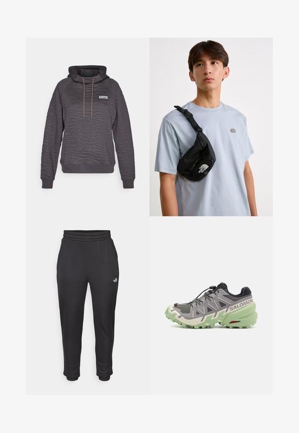 Columbia PFG OPEN WATER™ QUILTED HOODIE - Jersey con capucha - shark; Pantalones de chándal negros con cintura y puños elásticos, hechos de una tela suave, con bolsillos laterales y un logo en el muslo izquierdo.; Zapatilla de trail running gris con una parte superior de malla texturizada, suela de goma verde y elementos de diseño distintivos, incluidos un sistema de cordones de ajuste rápido y un logo.; Bolso cruzado negro de nailon con correa ajustable, que presenta un prominente logo blanco. Llevado sobre una camiseta de color azul claro. Diseño simple y funcional.