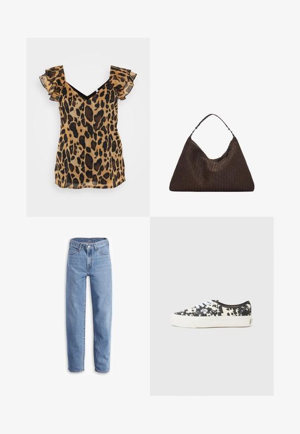 Pulover tricotat crem, cu un model din cablu și cuvântul "REBEL" în negru pe partea din față. Lungime scurtă, cu mansete căptușite.; Top cu imprimeu de leopard, cu mâneci scurte volănașe, decolteu în V și o țesătură semitransparentă, ușoară, în tonuri de bej și marron.; Jeans de culoare albastru deschis, din denim, cu o croială lejeră, picior drept, design cu cinci buzunare și margini desfăcute pentru un aspect casual.; Tenisi din pânză alb-negru cu un design de imprimeu de vacă, șireturi albe și o talpă din cauciuc alb. Prezintă un eticheta cu logo pe lateral.; Geantă din piele împletită, de culoare maro, cu o formă triangulară, lejeră. Are un mâner împletit și închidere cu fermoar pe partea superioară.