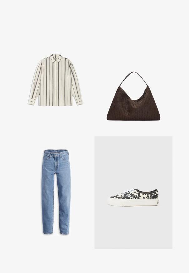 Cremfarbener, gestrickter Pullover mit einem Kabelstrickmuster und dem Wort "REBEL" in Schwarz auf der Vorderseite. Verkürzte Länge mit gerippten Bündchen.; Weißes Hemd mit Knöpfen, vertikalen schwarzen Streifen, Kragen, langen Ärmeln und Knöpfen an den Manschetten. Weicher Stoff mit glatter Textur.; Helle blaue Jeans aus Denim, mit entspannter Passform, geradem Bein, Fünf-Taschen-Design und ausgefransten Säumen für einen lässigen Look.; Schwarze und weiße Leinenschuhe mit einem Kuhfleckenmuster, weißen Schnürsenkeln und einer weißen Gummisohle. Mit einem Logokennzeichen an der Seite.; Braune, geflochtene Lederhandtasche mit einer lässigen, dreieckigen Form. Verfügt über einen geflochtenen Griff und einen Reißverschluss an der Oberseite.