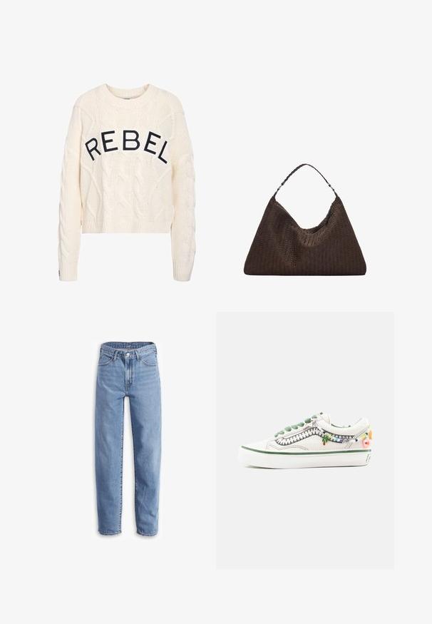 Maglione lavorato a maglia crema con un motivo a trecce e la parola "REBEL" in nero sulla parte frontale. Lunghezza cropped con polsini a costine.; Jeans azzurri chiari in denim, con una vestibilità rilassata, gamba dritta, design a cinque tasche e orli sfilacciati per un aspetto casual.; Sneakers in tela bianca con dettagli verdi e charm decorativi, caratterizzate da una superficie testurizzata, punta arrotondata e suola bianca spessa.; Borsa a tracolla in pelle intrecciata marrone con una forma triangolare morbida. Presenta una maniglia intrecciata e una chiusura con zip lungo la parte superiore.