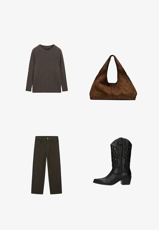 Dunkelgrauer Kabelstrick-Pullover mit Rundhalsausschnitt, langen Ärmeln sowie gerippten Bündchen und Saum, flach auf weißem Hintergrund ausgelegt.; Dunkelgrüne Jeans im weit geschnittenen Style, hergestellt aus einem Baumwollgemisch. Sie verfügen über einen Frontknopfverschluss, fünf Taschen und klassische Denim-Nähte.; Schwarze Leder-Cowboystiefel mit spitz zulaufender Zehenpartie, dekorativer Stickerei am Schaft und einem niedrigen Blockabsatz. Verfügt über eine Schlaufe für einfaches An- und Ausziehen.; Braune Wildleder-Schultertasche mit offenem Oberteil. Sie verfügt über einen tiefen, breiten Körper, einen ausgeschnittenen Griff und minimale Nähte für ein sauberes Design.