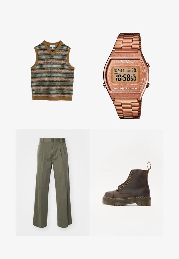 Vyrų be rankovių megztas švarkas su daugiaspalviais horizontaliais fair isle raštais ir rudais juostelėmis apykaklėje, pažastyse ir aptakumo krašte.; Tamsiai žalia mygtukų marškinėliai, ilgomis rankovėmis, su nusileidžiančiu apykakle, vienu krūtiniu kišenėje, su baltais mygtukais ir tekstūruotu audiniu.; Olivinės spalvos kelnės su laisvu, plačiu dizainu ir priekinių raukšlių detale. Pagamintos iš tekstūruoto audinio, su standartine juosmena ir be matomų aksesuarų.; Rudos odinės kulkšninių batus su apvalia nosimi, kontrastinga geltona siūle, dekoratyviniais metaliniais akių skyreliais ir grioveliuota guma pagrindu.; Skaitmeninis Casio laikrodis su rožinės aukso metaline juosta, stačiakampiu korpusu, apšviečiamu ekranu ir atsparumu vandeniui, rodomas laikas ir data.