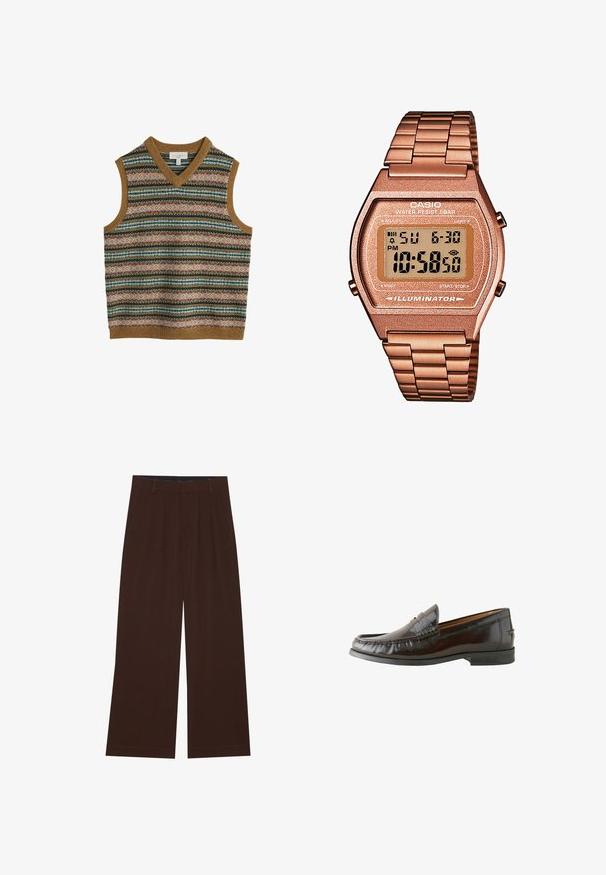 Miestensky bezrukávový úpletový sveter so širokými farebnými vodorovnými vzormi Fair Isle a hnedým rebrovaným lemom na golieri, otvoroch na rukávy a spodnom leme.; Vaaleanruskea pitkähihaisen napillinen paita, jossa on kauluskohnus. Valmistettu teksturoidusta kankaasta. Paitassa on pieni logo rinnassa.; Ruske leve široke hlače z gubami. Narejene so iz gladkega blaga, z oblikovanim pasom in stranskimi žepi. Ravna obleka na dnu.; Kastanjanväriset nahkalöysät, joissa on sileä pinta, ommeltu yksityiskohtia, matala korko ja pyöreä kärki. Pohja on mustaa kumia pitoa varten.; Digitaalinen Casio-kello, jossa on ruusukultainen metalliranneke, suorakaiteen muotoinen kuori, valaistu näyttö ja vedenkestävyys, näyttää ajan ja päivämäärän.