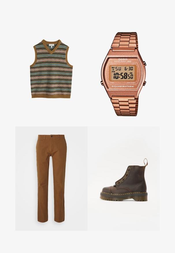 Męska bezrękawnik z dzianiny z wielokolorowymi poziomymi wzorami fair isle oraz brązowym ściągaczem na dekolcie, otworach na ramiona i u dołu.; Jasnobrązowa, długosleeve koszula z guzikami i kołnierzykiem, wykonana z teksturowanej tkaniny. Posiada małe logo na klatce piersiowej.; Brązowe chino w spodnie o slim fit, z płaskim przodem, dwoma kieszeniami z przodu oraz pojedynczym zapięciem na guzik w talii. Wykonane z lekkiego materiału.; Brązowy skórzany botek do kostki z okrągłym noskiem, kontrastującym żółtym przeszyciem, dekoracyjnymi metalowymi oczkami i żłobioną gumową podeszwą.; Cyfrowy zegarek Casio z różowo-złotą metalową bransoletą, prostokątną kopertą, podświetlanym wyświetlaczem i wodoodpornością, pokazujący czas i datę.