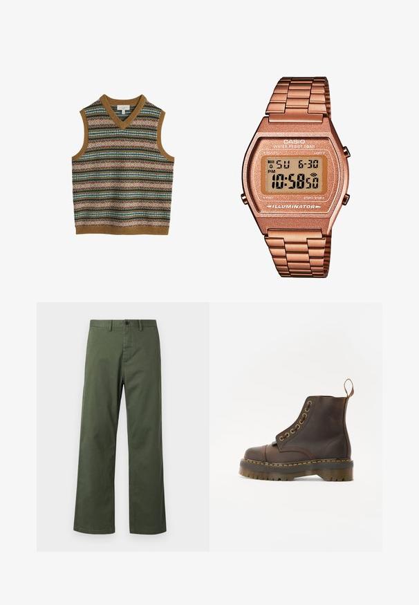 Chaleco de punto sin mangas para hombres con patrones fair isle horizontales multicolores y ribetes marrones en el escote, las sisas y el dobladillo.; Camisa de botones de manga larga color marrón claro, con cuello, hecha de una tela texturizada. Presenta un pequeño logo en el pecho.; Pantalones de pierna ancha verdes, hechos de una mezcla de algodón, con cierre de botón, presillas para cinturón y una sutil textura vertical.; Botín de cuero marrón hasta el tobillo con punta redonda, costuras amarillas en contraste, ojales de metal decorativos y suela de goma estriada.; Reloj digital Casio con una correa de metal en color oro rosa, caja rectangular, pantalla iluminada y resistencia al agua, que muestra la hora y la fecha.