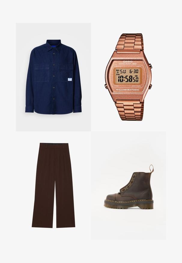 Férfi ujjatlan kötött pulóver mellény, multszínű vízszintes fair isle mintákkal, barna bordás díszítéssel a nyakrészen, karöltőkön és az alján.; Tengerészkék hosszú ujjú ing, amelynek két mellzsebe van, és a jobb zseben egy kisebb fehér címke található.; Barna, széles lábú nadrág, plisszézett részleggel. Simább anyagból készült, szabott derékkal és oldalsó zsebekkel rendelkezik. Lapos szegéllyel az alsó részen.; Barna bőr bokacsizma, kerek orrral, kontrasztáló sárga varrással, dekoratív fém szemölcsökkel és bordázott gumitalppal.; Digitális Casio óra rózsaarany fém szíjjal, téglalap alakú házzal, megvilágított kijelzővel és vízállósággal, mutatja az időt és a dátumot.