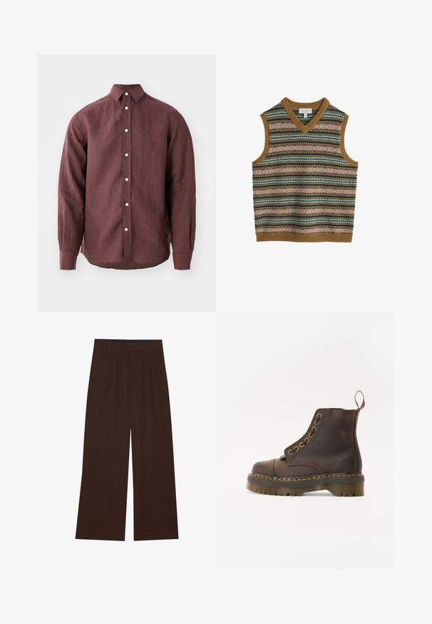Férfi ujjatlan kötött pulóver mellény, multszínű vízszintes fair isle mintákkal, barna bordás díszítéssel a nyakrészen, karöltőkön és az alján.; Bordeaux színű, hosszú ujjú ing textúrált anyagból, klasszikus gallérral, gombos elülső záródással és kontrasztos színű gombokkal.; Barna, széles lábú nadrág, plisszézett részleggel. Simább anyagból készült, szabott derékkal és oldalsó zsebekkel rendelkezik. Lapos szegéllyel az alsó részen.; Barna bőr bokacsizma, kerek orrral, kontrasztáló sárga varrással, dekoratív fém szemölcsökkel és bordázott gumitalppal.