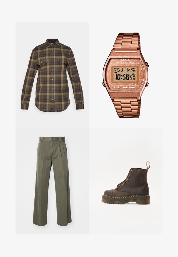 Mans ärmlös stickad tröja med flerfärgade horisontella fair isle-mönster och brun ribbad kant vid halsringning, ärmhål och nederkant.; Grön och marinrandig flanellskjorta med långa ärmar, knapplåst fram, två bröstfickor och rundad nederkant. Har röda detaljer i mönstret.; Olivgröna byxor med en lös, bred benstil och framfållar. Tillverkade av texturerad tyg med standard midjeband och ingen synlig metall.; Brun läderankelboot med rund tå, kontrasterande gul söm, dekorativa metallhål och en räfflad gummisula.; Digital Casio-klocka med armband i roséguld, rektangulärt hölje, belyst display och vattentålighet, som visar tid och datum.