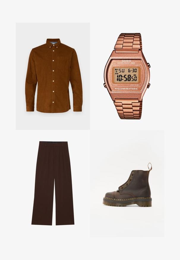 Mannelijke mouwloze gebreide sweatervest met meerkleurige horizontale fair isle patronen en een bruine geribbelde afwerking bij de halslijn, armsgaten en zoom.; Jack & Jones JJECLASSIC - Overhemd - monks robe; Bruine wijde broek met plooien. Gemaakt van een gladde stof, met een op maat gemaakt tailleband en zijzakken. Rechte zoom aan de onderkant.; Bruine leren enkellaars met een ronde neus, contrasterende gele stiksels, decoratieve metalen oogjes en een gegroefd rubberen zool.; Digitale Casio horloge met een roségouden metalen band, rechthoekige kast, verlicht display en waterdicht, toont tijd en datum.