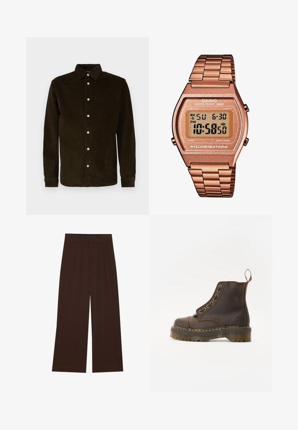Pánsky bezrukávový pletený sveter s multicolor horizontálnymi fair isle vzormi a hnedým rebrovaným lemom okolo výstrihu, prieramkov a spodného okraja.; Tmavozelená kordurová košeľa s dlhým rukávom, zapínanie na gombíky vpredu, špicatý golier a biele gombíky. Mäkká textúra s rýhovaným vzorom.; Hnedé nohavice s širokými nohavicami a plisovaním. Vyrobené z hladkej látky, s upraveným pásom a bočnými vreckami. Rovný lem na spodnej časti.; Hnedé kožené členkové topánky s okrúhlym špicom, kontrastným žltým prešívaním, dekoračnými kovovými očkami a drážkovanou gumovou podrážkou.; Digitálne hodinky Casio s kovovým remienkom v ružovom zlate, obdĺžnikovým puzdrom, osvetleným displejom a vodoodolnosťou, zobrazuje čas a dátum.