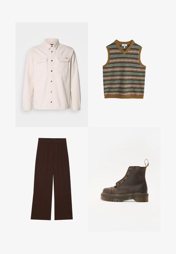 Vyrų be rankovių megztas švarkas su daugiaspalviais horizontaliais fair isle raštais ir rudais juostelėmis apykaklėje, pažastyse ir aptakumo krašte.; Šviesiai smėlinės spalvos, ilgomis rankovėmis marškiniai, pagaminti iš medvilnės, su dviem priekinių kišenių, sagų užsegimu ir klasikinio kirpimo apykakle. Lygi tekstūra ir paprastas dizainas.; Rudi plačiai praplečiami kelnių su klostėmis. Pagaminti iš lygaus audinio, su pritaikytu liemeniu ir šoninėmis kišenėmis. Lygus apačios kraštas.; Rudos odinės kulkšninių batus su apvalia nosimi, kontrastinga geltona siūle, dekoratyviniais metaliniais akių skyreliais ir grioveliuota guma pagrindu.