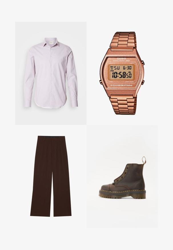 Moški brezrokavnik iz pletenine z večbarvnimi vodoravnimi fair isle vzorci in rjavim rebrastim pasom pri vratu, armhole-ih in robu.; Svetlo roza majica z dolgimi rokavi s majhnimi belimi pikami, z gumbnim ovratnikom in okroglim robom. Narejena iz gladkega blaga z rahlim sijajem.; Rjave široke hlače s plisami. Narejene iz gladkega materiala, s prilagojenim pasom in stranskimi žepi. Ravna obroba na dnu.; Rjavi usnjeni gležnjarji z okroglim prstom, kontrastnim rumenim šivom, dekorativnimi kovinskimi očesci in zarezanem gumijastem podplatu.; Digitalna Casio ura z rožnato zlato kovinsko zanko, pravokotno ohišje, osvetljen prikaz, vodoodpornost, ki prikazuje čas in datum.