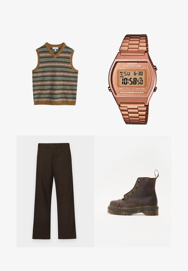 Gilet senza maniche da uomo in maglia con motivi fair isle orizzontali multicolori e bordo a costine marrone al colletto, alle aperture per le braccia e all'orlo.; Pantaloni marroni a gamba larga in misto cotone, con chiusura frontale con bottoni e dettagli minimal per un design semplice.; Stivale alla caviglia in pelle marrone con punta tonda, cuciture gialle a contrasto, occhielli decorativi in metallo e suola in gomma scanalata.; Orologio digitale Casio con cinturino in metallo rosa dorato, cassa rettangolare, display illuminato e resistenza all'acqua, che mostra l'ora e la data.