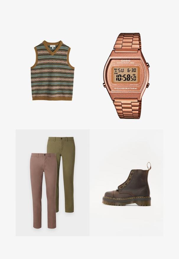 Herre sleeveless strik vest med multicolore horisontale fair isle mønstre og brun ribbestrik ved halsudskæringen, armhulerne og kanten.; To sæt af slim-fit bukser: et i en dæmpet brun og det andet i olivengrøn. Begge har rene linjer og standard taljebånd med knapper.; Brun læder ankelstøvle med rund tå, kontrasterende gul syning, dekorative metaløjer og en ribbet gummisål.; Digital Casio ur med et roseguld metalarmbånd, rektangulær kasse, oplyst skærm og vandtæthed, som viser tid og dato.