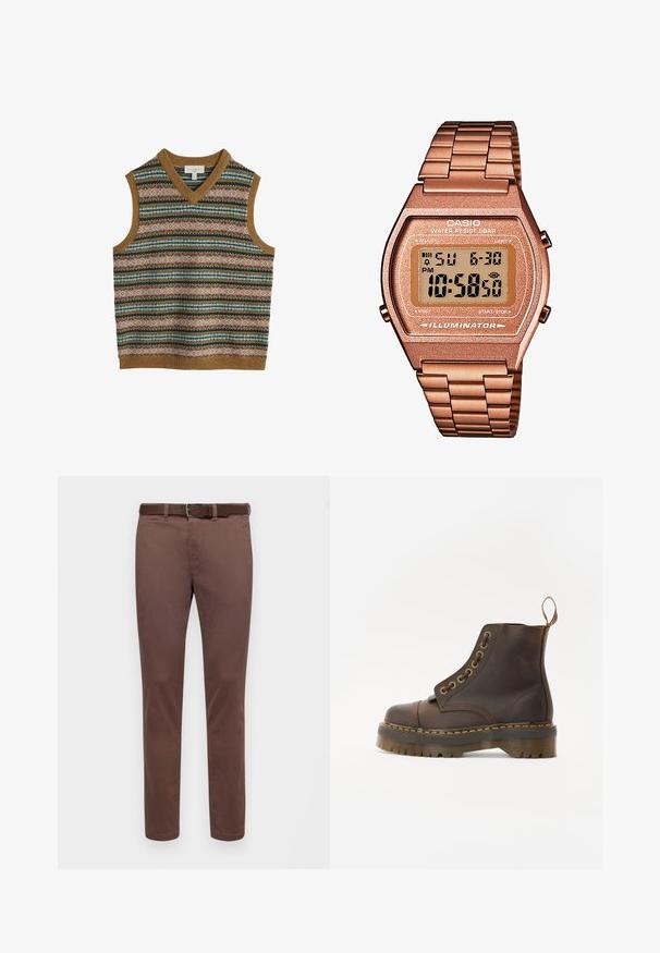 Pánský bezrukávový pletený svetr s multikolorovými horizontálními fair isle vzory a hnědým ribovaným lemem u výstřihu, otvorů na paže a spodního lemu.; Hnědé bavlněné kalhoty se rovný střihem, s hladkou texturou a odpovídajícím pásem. Žádné viditelné vzory ani akcenty.; Hnědá kožená kotníková bota s kulatou špičkou, kontrastním žlutým švem, dekorativními kovovými očky a drážkovanou gumovou podrážkou.; Digitální hodinky Casio s kovovým řemínkem v růžovém zlatě, obdélníkovým pouzdrem, podsvíceným displejem a vodotěsností, zobrazující čas a datum.