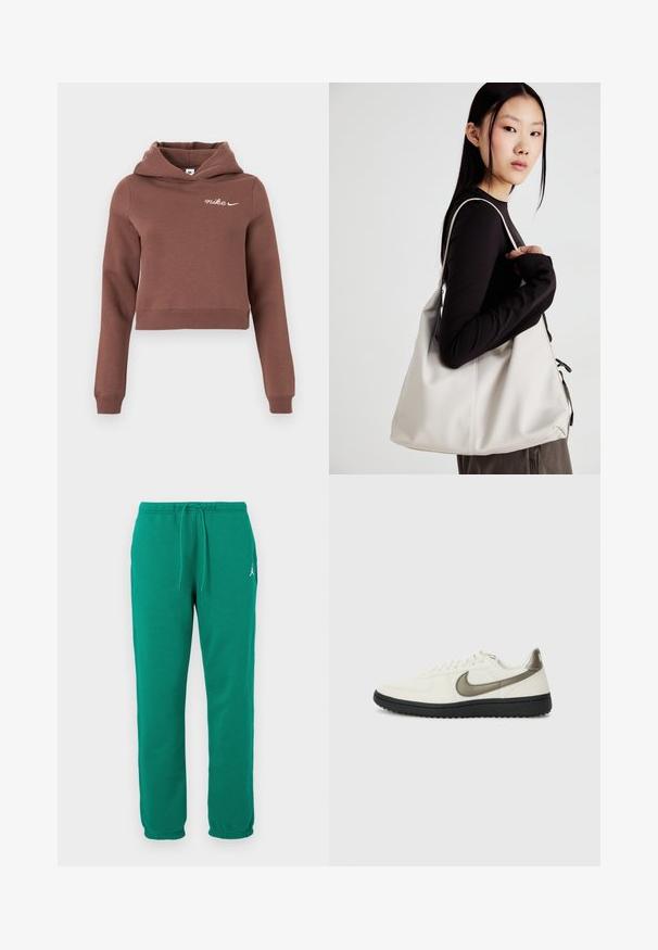 Smeđi skraćeni dukserica s dugim rukavima i bijelim Nike logotipom na gornjem lijevom prsnom dijelu, prikazan na jednostavnoj svijetloj pozadini.; Zelene trenirke od mješavine pamuka, s elastičnim pojasom i vezicom te bočnim džepom. Klasičan ravni kroj.; Nike Sportswear FIELD GENERAL - Tenisice - off-white/black; Bežna torba od mekog materijala s opuštenim dizajnom, šivanim detaljima i dva remena za rame. Pogodna za svakodnevnu upotrebu.