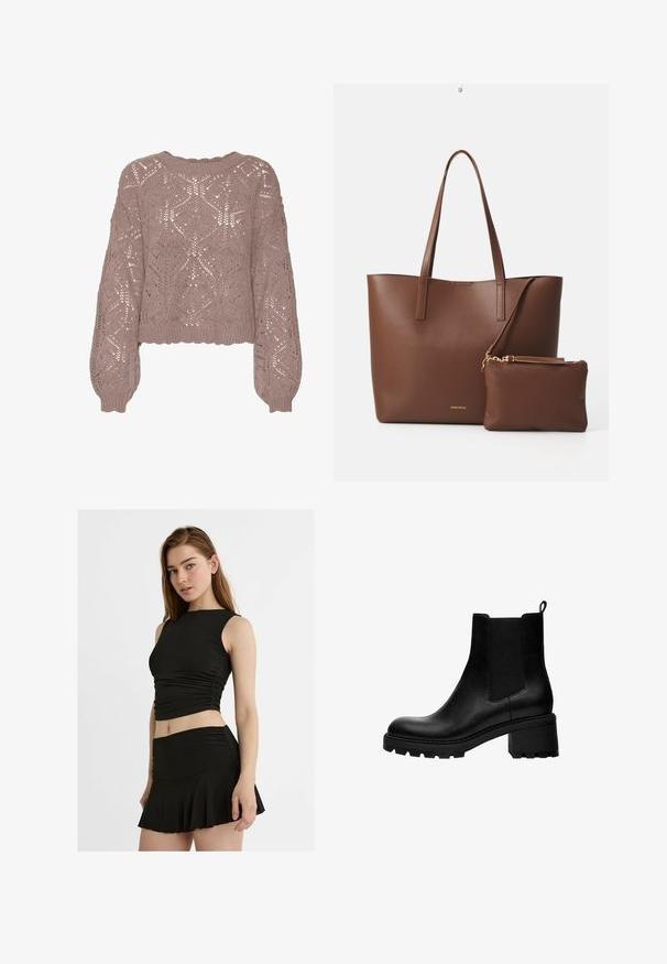 Vero Moda Sweter; Czarny dwuczęściowy komplet składający się z bezrękawowego, skróconego topu z marszczeniem oraz rozkloszowanej mini spódnicy, wykonany z gładkiego, elastycznego materiału.; Czarne skórzane botki za kostkę z zaokrąglonym noskiem, elastycznymi panelami bocznymi i masywnym obcasem. Teksturowana podeszwa zapewniająca przyczepność.; Brązowa torba tote z syntetycznej skóry, z dwiema długimi rączkami i dopasowaną małą saszetką. Powierzchnia ma teksturowany wzór i złote akcenty.