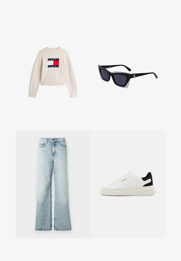 Crème-kleurige cropped trui met ribbels op de mouwen; heeft een centraal geborduurd logo in marineblauw, wit en rood "TOMMY JEANS."; Lichtblauwe wijde spijkerbroek van denim, met een hoge taille, een cropped zoom en een zachte textuur met vervaagde details.; Witte leren sneakers met een dikke witte zool, zwarte suède hielaccent en een geperst logo op de zijkant. Vetersluiting met zes oogjes.; Zwarte oversized zonnebril met een geometrische vorm, voorzien van donkere glazen en een contrasterend grijs detail op het montuur. Logo op de arm.