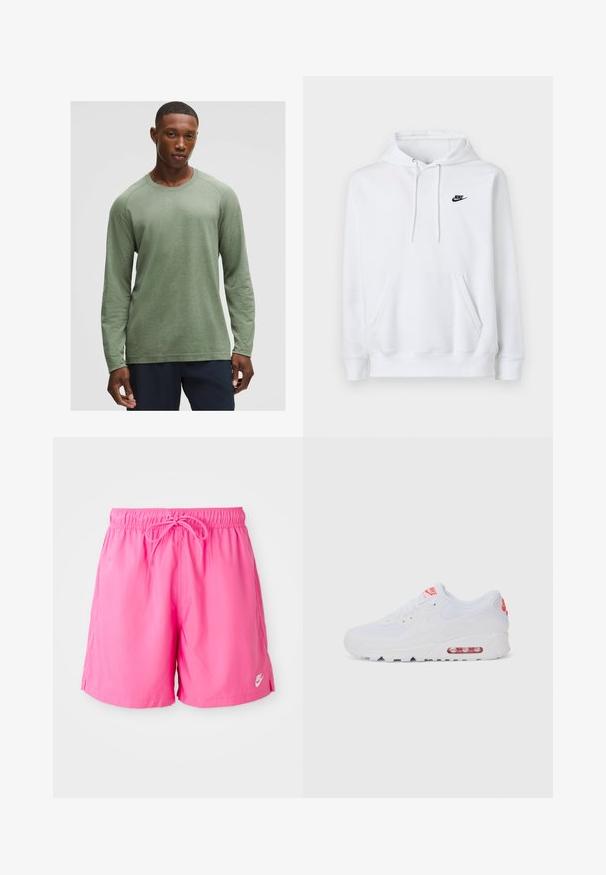 Balta kapuce, izgatavota no mīksta auduma, ar garām piedurknēm, priekšā kanguru kabata un melns Nike logo kreisajā krūtī. Regulējama kapuce.; Ilgas piedurknes krekls blāvā zaļā krāsā ar strukturētu rakstu, apaļu apkakli un raglan piedurknēm, izgatavots no mīksta, viegla auduma.; Rozā sporta šorti ar elastīgu jostu un auklu. Izgatavoti no viegla materiāla, ar sāniem šķēlumiem un nelielu logotipa detaļu.; Baltas sporta apavi ar gludu augšdaļu, saitēm, mīkstu zoli un redzamu gaisa vienību ar sarkaniem akcentiem uz zīmola.