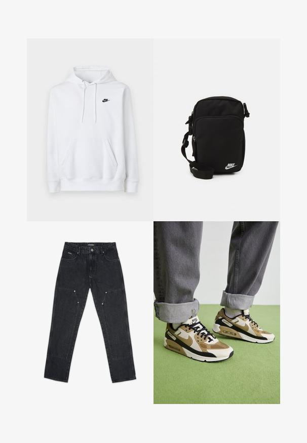 Felpa bianca con cappuccio realizzata in tessuto morbido, maniche lunghe, tasca a marsupio frontale e logo Nike nero sul lato sinistro del petto. Cappuccio regolabile.; Pegador VINTO CARPENTER - Jeans carpenter - washed black; Sneakers Nike Air Max 90 in beige e nero, realizzati con materiali in mesh e pelle, con ammortizzazione visibile e lacci neri.; Borsa a tracolla nera in nylon con cintura regolabile, scomparti con zip e logo Nike bianco sulla parte anteriore. Texture liscia, forma rettangolare.