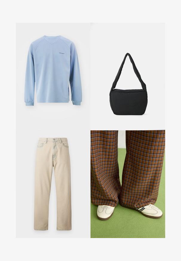 Svijetloplavi dugi rukav s V-izrezom, rebrastim manžetama i bočnim prorezima. Sadrži suptilan logotip na prsima. Izrađen od mekog materijala.; Bež traperice od pamuka s ravnim nogavicama, pet džepova, petljicama za remen i zatvaračem. Lagano izblijedjela tekstura i kontrastni šavovi.; Smeđe i plave karirane široke hlače uparene s bijelim cipelama s crnim akcentima i teksturiranim potplatom, na zelenoj pozadini.; Crna torba za rame s podstavljenom teksturom, zaobljenog oblika i širokim remenom, s reljefnim logotipom sprijeda.