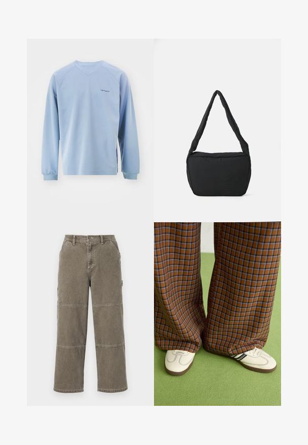 Svijetloplavi dugi rukav s V-izrezom, rebrastim manžetama i bočnim prorezima. Sadrži suptilan logotip na prsima. Izrađen od mekog materijala.; Pamučne cargo hlače u prigušenoj maslinasto zelenoj boji, širokih nogavica, s dvostrukim šavovima i bočnim džepovima, s kopčanjem na dugme i petljama za remen.; Smeđe i plave karirane široke hlače uparene s bijelim cipelama s crnim akcentima i teksturiranim potplatom, na zelenoj pozadini.; Crna torba za rame s podstavljenom teksturom, zaobljenog oblika i širokim remenom, s reljefnim logotipom sprijeda.