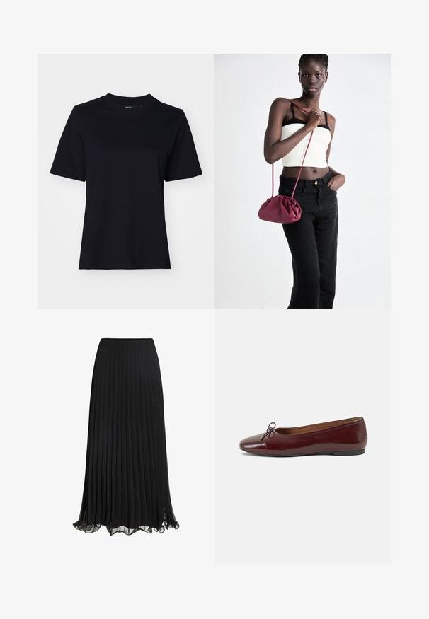 Sort sweatshirt med en hvid polo-lignende krave, oversized pasform, ribbede ærmer og kant. Glat tekstur, lange ærmer og ingen synlige logoer.; Sort bomulds t-shirt med korte ærmer, rund halsudskæring og afslappet pasform. Glat tekstur, ingen synlige mønstre eller grafik.; Sort plisseret maxiskørt lavet af letvægtsstof med et flydende design. Har en volangkant og elastisk talje for komfort.; Bordeaux patentlæder balletflad med rund tå, lille sløjfeaccent foran og en lav, sort gummisål. Glat tekstur.; Bordeaux blødt stof håndtaske med en sammenpresset design og en lang rem, båret som crossbody. Modellen bærer en hvid cropped top og sorte jeans.