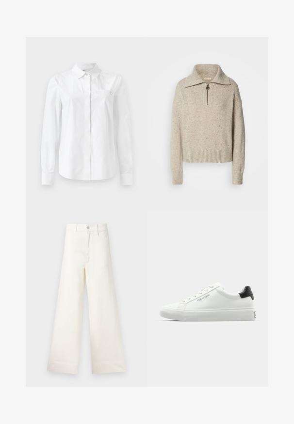 Suéter bege tricotado com gola alta, fecho de zíper e punhos e bainha canelados. A textura inclui manchas de fibras mais escuras por todo o tecido.; Camisa branca de manga longa, feita de algodão suave, com colarinho clássico, fecho frontal por botões e um bolso no peito com detalhe de logotipo.; Calças largas em algodão bege claro. Apresentam uma cintura alta, bolsos frontais e um corte reto. Acabamento de bainha limpo, sem padrões.; Sapatilha branca com acabamento liso, detalhe preto no calcanhar e design com atacadores. Apresenta a marca "Calvin Klein" na lateral. Estilo minimalista.