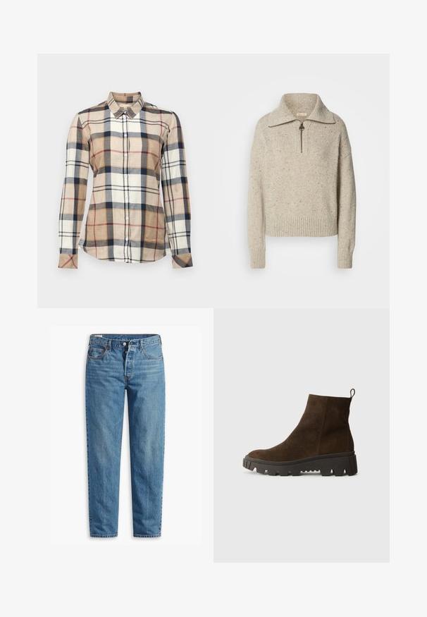 Beige knitted sweater with a high collar, zip closure, and ribbed cuffs and hem. Texture includes specks of darker fibers throughout.; Collared long-sleeve shirt with a beige, cream, and navy plaid pattern. Features button closure and textured fabric with varied squares.; Blue denim jeans with a straight-leg fit, featuring a zip fly, two front pockets, and subtle fading throughout the fabric.; Brown suede ankle boot with a chunky black rubber sole, featuring a slight heel and a pull tab at the back for easy wear.