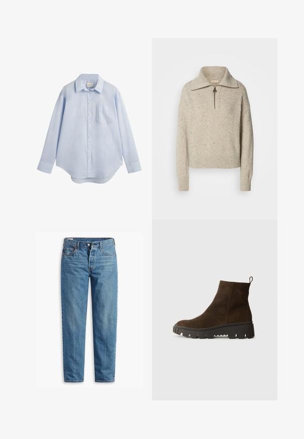 Maglione beige lavorato a maglia con colletto alto, chiusura a zip e polsini e orlo a coste. La texture presenta delle tracce di fibre più scure sparse.; Camicia azzurro chiaro con maniche lunghe e bottoni, realizzata in cotone, caratterizzata da un colletto classico, una singola tasca sul petto e un orlo curvo.; Jeans in denim blu con una vestibilità a gamba dritta, dotati di zip e due tasche frontali, con una leggera scoloritura in tutto il tessuto.; Stivaletto in camoscio marrone con suola in gomma nera chunky, caratterizzato da un leggero tacco e una linguetta sul retro per una facile calzata.