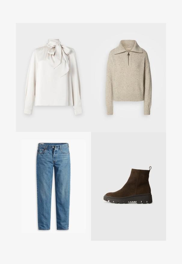 Beige kudum jersey kõrge krae, tõmbluku sulgemisega ja soonikkoes mansettide ning äärtega. Tekstuur sisaldab tumedamate kiudude täppe.; Helebeige pluus pikkade varrukatega, kõrge kaelusega ja suure lipsuga kaela ümber. Sile tekstuur ja veidi vabam sobivus.; Sinine denimist valmistatud sirge lõikega teksad, millel on lukuga kokku tõmbamine, kaks esimest taskut ja peene värvimisega niiskus kogu kangast.; Pruun nahast pahkluu saabas, millel on tugev must kummitald, kerge konts ja tagumine tõmbetöödeldud osa, mis muudab selga panemise lihtsamaks.