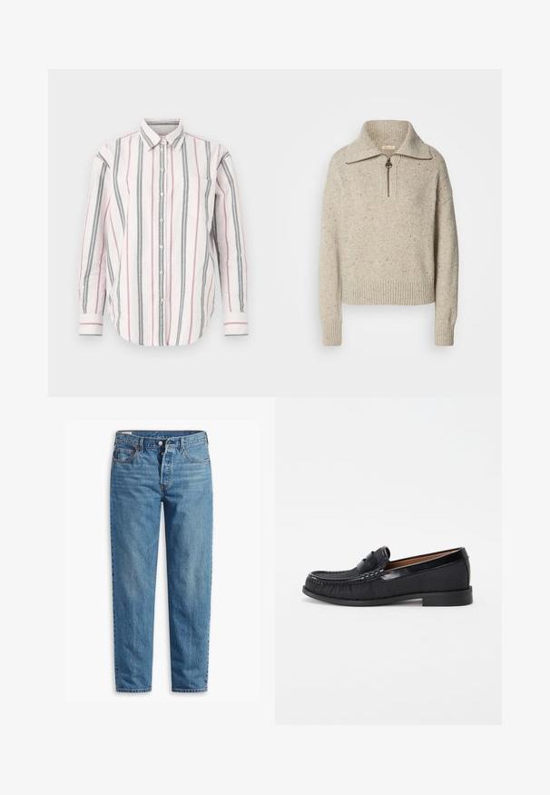 Maglione beige lavorato a maglia con colletto alto, chiusura a zip e polsini e orlo a coste. La texture presenta delle tracce di fibre più scure sparse.; Camicia button-up con righe verticali in rosa, grigio e bianco. Presenta un colletto, maniche lunghe e una tasca sul petto sinistro. Materiale in cotone.; Jeans in denim blu con una vestibilità a gamba dritta, dotati di zip e due tasche frontali, con una leggera scoloritura in tutto il tessuto.; Mocassini neri slip-on realizzati in tessuto testurizzato con un accento in pelle lucida e dettagli di cucitura sottili, caratterizzati da un tacco in gomma basso.