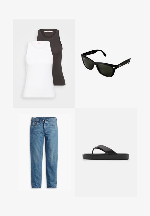 Beige knitted sweater with a high collar, zip closure, and ribbed cuffs and hem. Texture includes specks of darker fibers throughout.; Two tank tops in white and dark gray, featuring a ribbed texture, round necklines, and sleeveless design. Labels are on the inside neckline.; Blue denim jeans with a straight-leg fit, featuring a zip fly, two front pockets, and subtle fading throughout the fabric.; Black flip-flop sandals with a smooth upper strap and a textured platform sole. Minimalist design with a low-profile silhouette.; Black plastic sunglasses with dark green lenses. Square frame design features silver accents and an embossed logo on the temple.; DRAGON DIFFUSION NANTUCKET BASKET BIG - Handbag - naranja