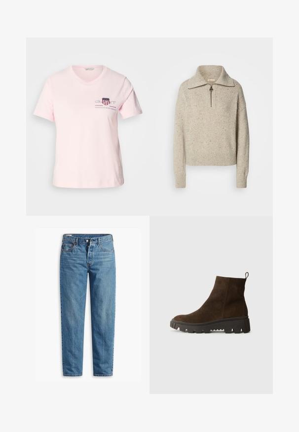 Beige gestrickter Pullover mit hohem Kragen, Reißverschluss und gerippten Bündchen und Saum. Die Textur weist Stellen dunklerer Fasern auf.; Helles rosa Baumwoll-T-Shirt mit kurzen Ärmeln, Rundhalsausschnitt und besticktem Logo in roten und blauen Akzenten. Lässige Passform.; Blaue Jeans aus Denim mit geradem Schnitt, ausgestattet mit einem Reißverschluss, zwei vorderen Taschen und subtilen Verfärbungen im gesamten Stoff.; Braune Wildleder-Ankle-Boots mit einer stabilen schwarzen Gummisohle, leichtem Absatz und einer Schlaufe auf der Rückseite für einfaches Anziehen.